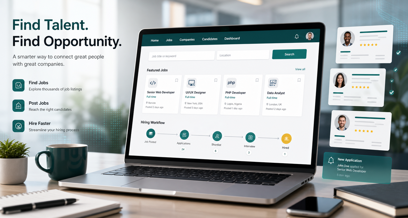 Modern recruitment dashboard with candidate profiles and job cards